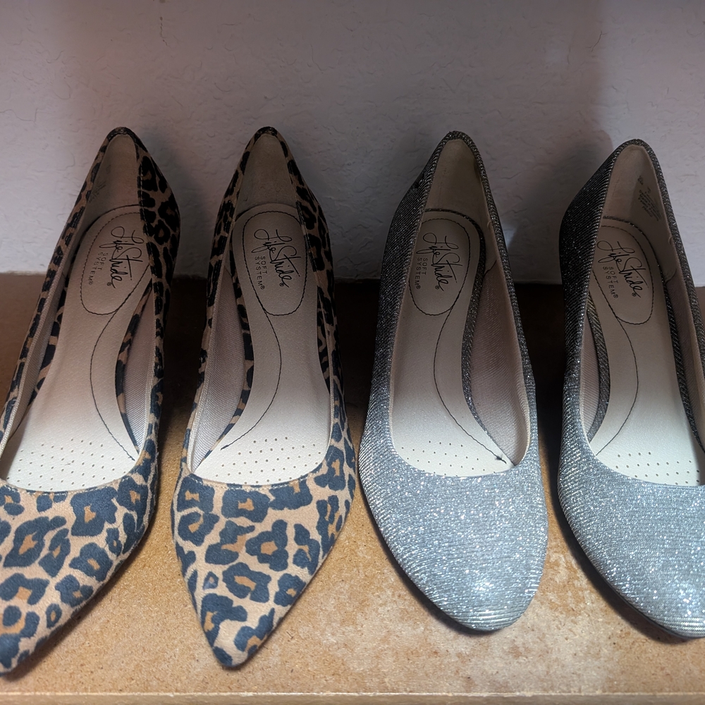 Life Stride Leopard and Silver Glitter Heels